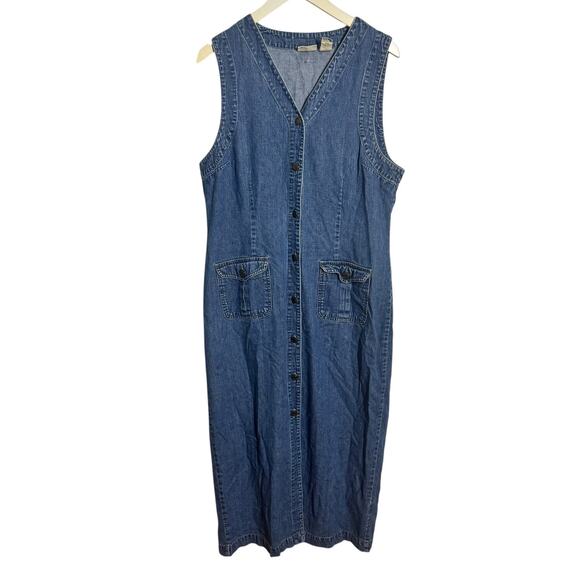 St. John’s Bay Dress Women 14M Sleeveless Denim Jean Maxi Button-up Pockets 90s - Picture 1 of 6